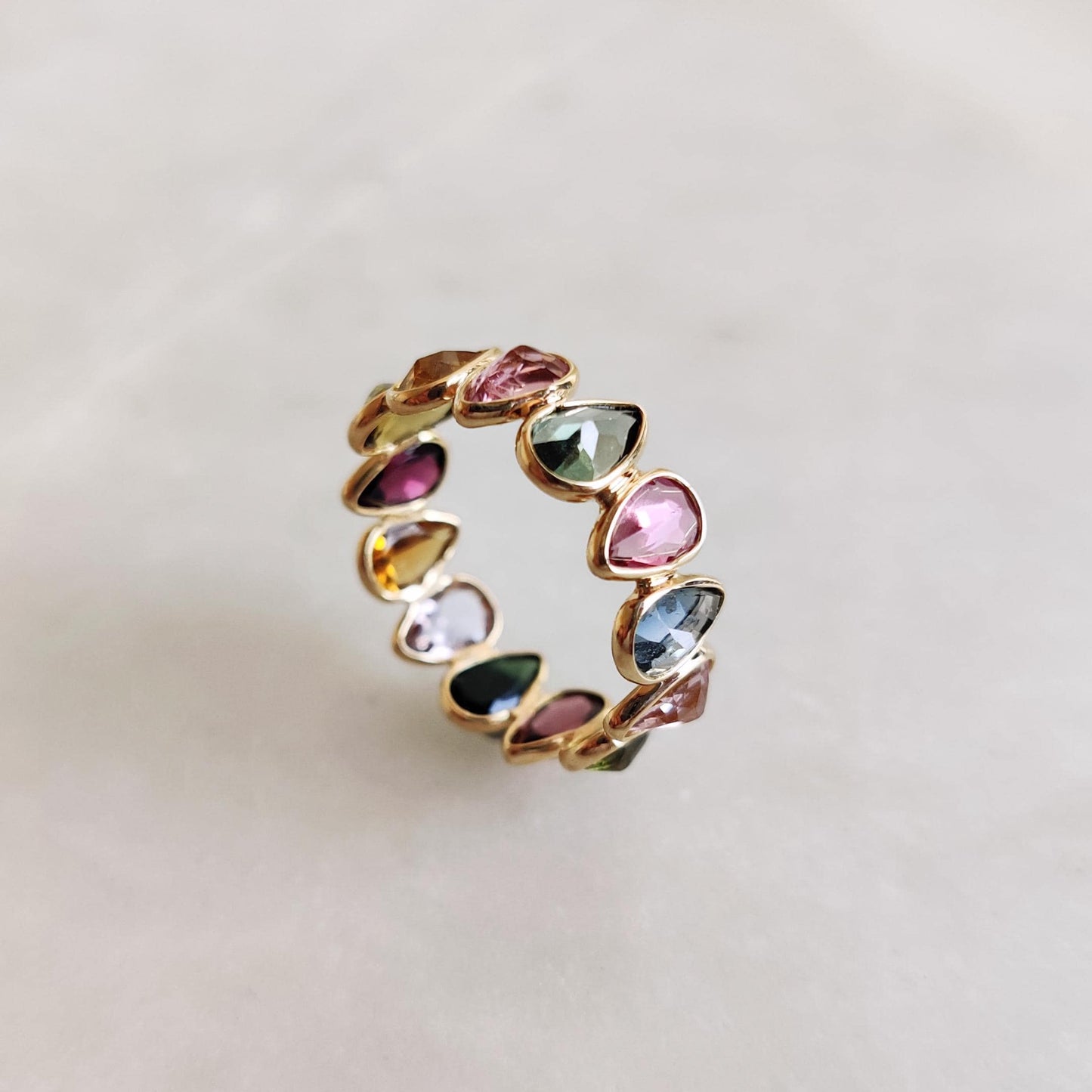 Natural Multi Tourmaline Ring, 14K Solid Yellow Gold Tourmaline Ring, October Birthstone Ring, Tourmaline Infinity Ring, Pear Cut Ring