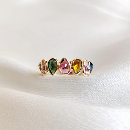 Natural Multi Tourmaline Ring, 14K Solid Yellow Gold Tourmaline Ring, October Birthstone Ring, Tourmaline Infinity Ring, Pear Cut Ring