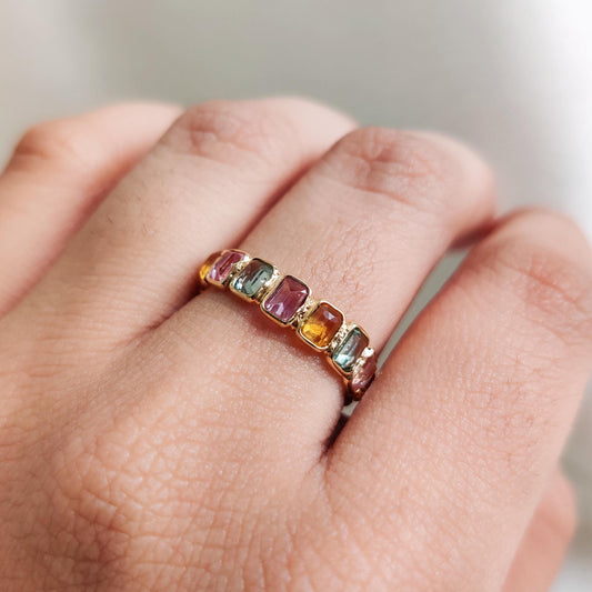 Natural Multi Sapphire Ring, 14K Solid Yellow Gold Sapphire Ring, September Birthstone Ring, Baguette Infinity Ring, Christmas Present