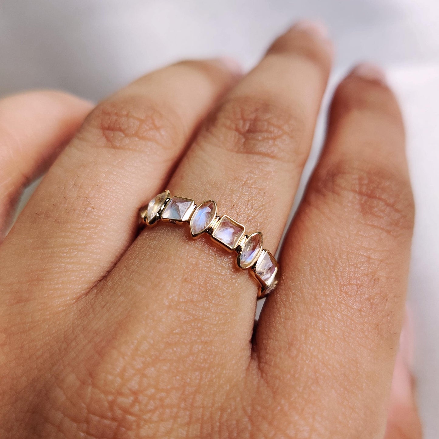 Natural Rainbow Moonstone Ring, 14K Solid Yellow Gold Moonstone Ring, June Birthstone Ring, Blue Moonstone Infinity Ring, Christmas Present