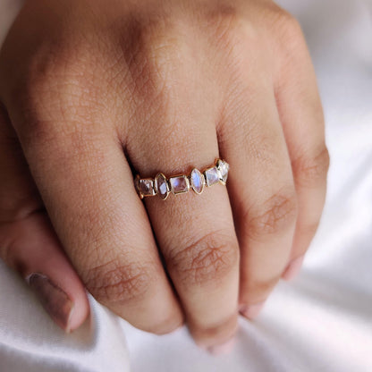 Natural Rainbow Moonstone Ring, 14K Solid Yellow Gold Moonstone Ring, June Birthstone Ring, Blue Moonstone Infinity Ring, Christmas Present