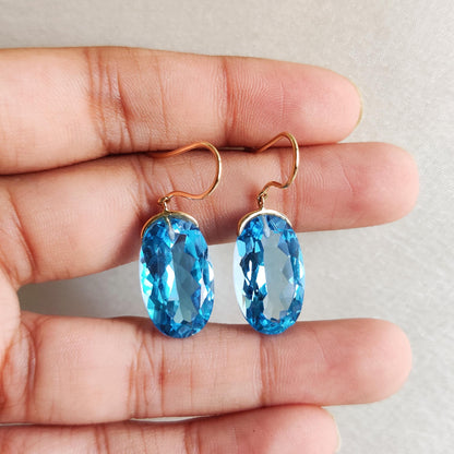 Natural Swiss Blue Topaz Earrings, 18K Solid Yellow Gold Topaz Earrings, December Birthstone Earrings, Blue Topaz Jewelry, Christmas Present