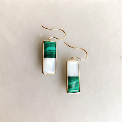 Natural Malachite & Mother of Pearl Earrings, 14K Solid Yellow Gold Earrings, April and June Birthstone Earrings, Christmas Present