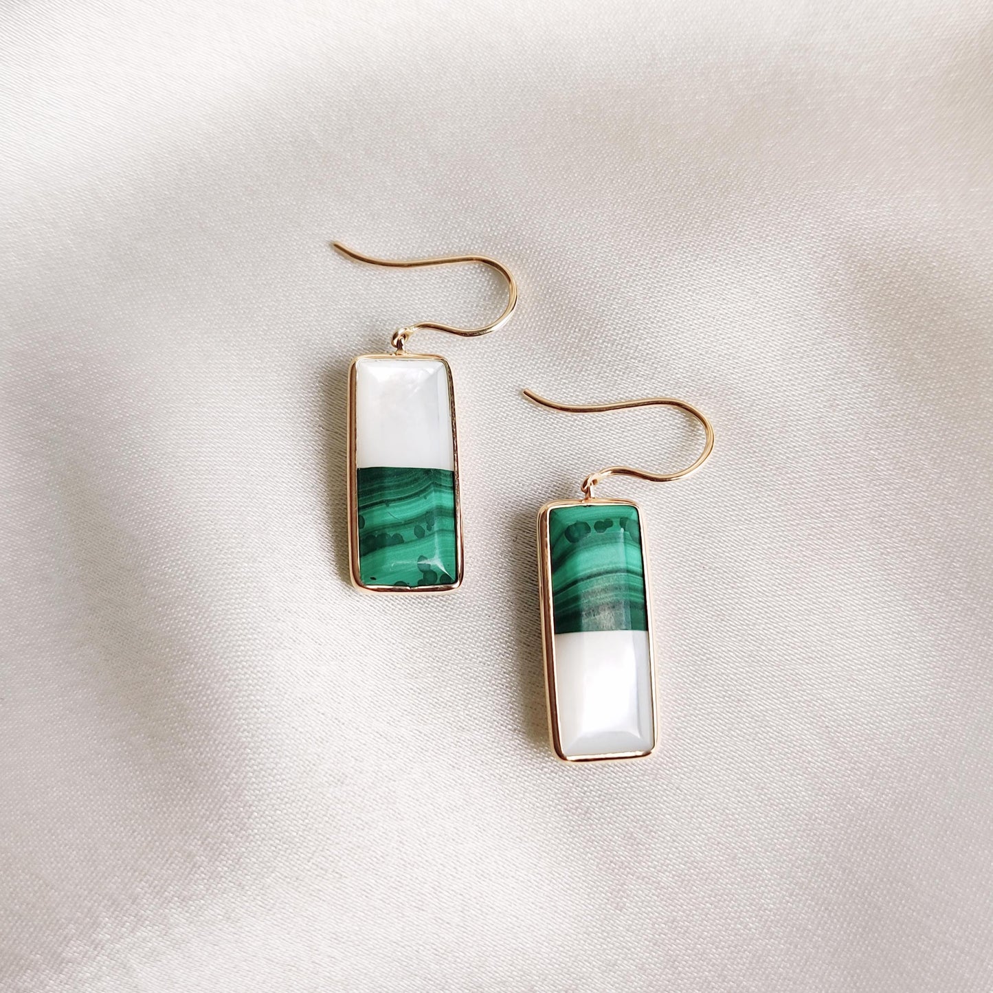 Natural Malachite & Mother of Pearl Earrings, 14K Solid Yellow Gold Earrings, April and June Birthstone Earrings, Christmas Present