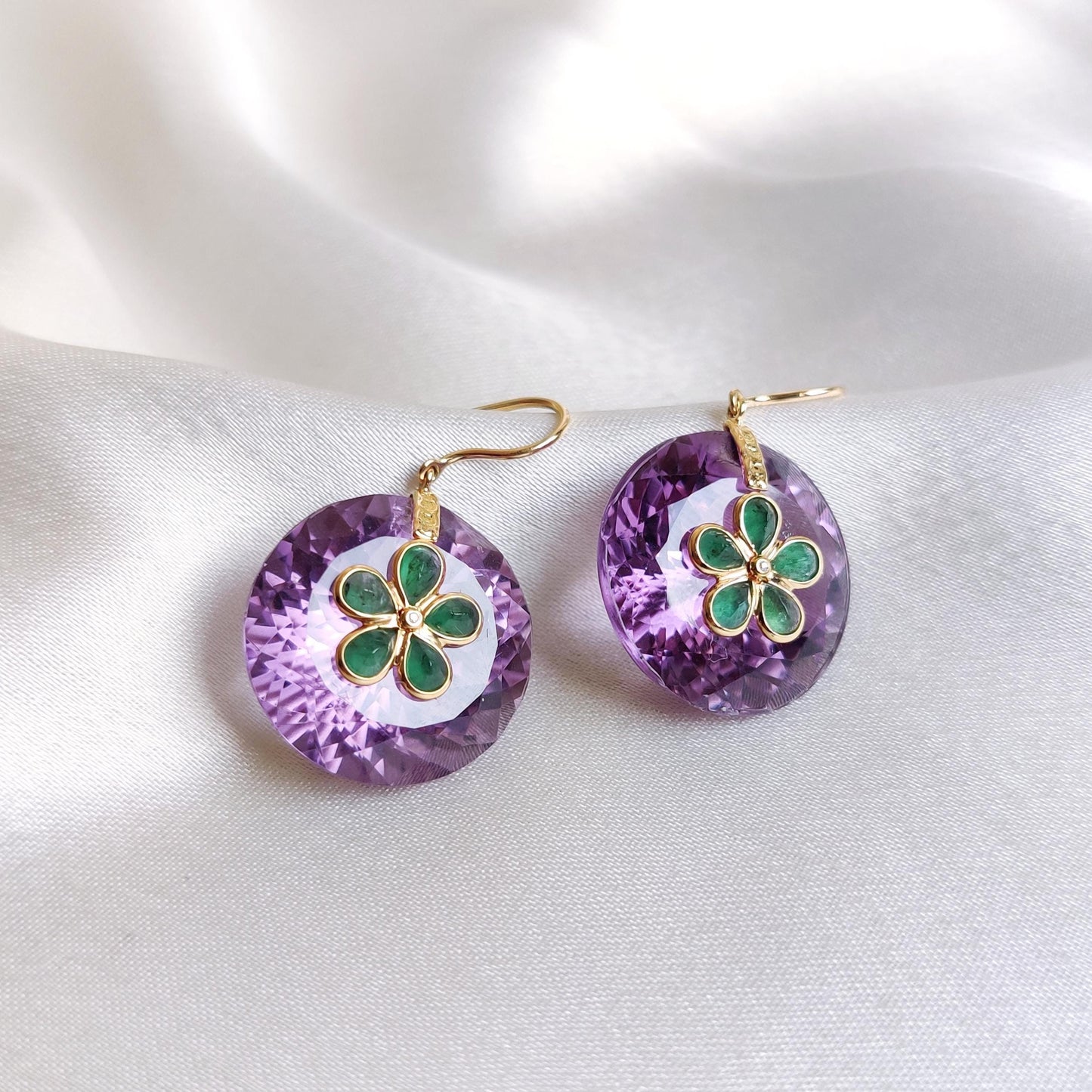 Natural Purple Amethyst & Diamond and Emerald Earrings, 14K Solid Yellow Gold Earrings, February May Birthstone Earrings, Christmas Present