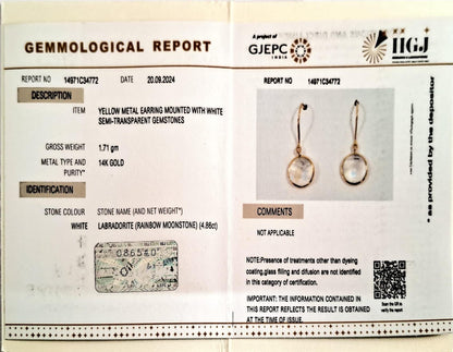 Pendientes de piedra lunar arcoíris, pendientes de piedra lunar de oro amarillo macizo de 14 quilates, piedra natal de junio, pendientes colgantes de piedra lunar azul, regalo de cumpleaños