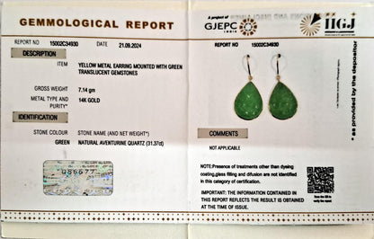 Pendientes tallados de aventurina verde en oro de 14 quilates, pendientes de cuarzo fresa, pendientes de oro amarillo macizo de 14 quilates, piedra natal de mayo, pendientes tallados,