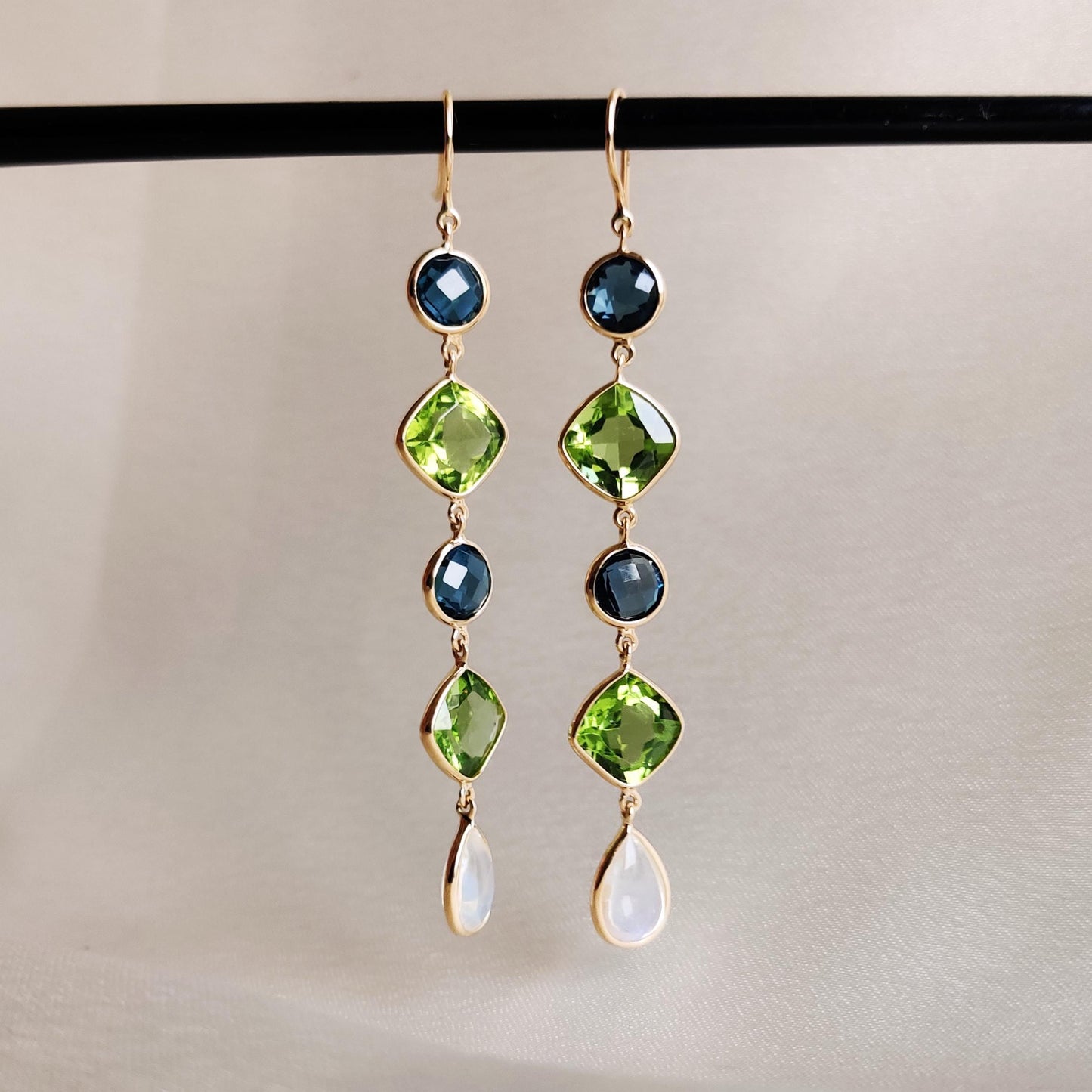 Natural London Blue Topaz & Peridot and Rainbow Moonstone Earrings, 14K Solid Yellow Gold Earrings, December June Birthstone, Christmas Gift