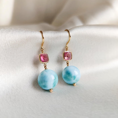 Natural Larimar & Pink Tourmaline Earrings, 18K Solid Yellow Gold Earrings, February October Birthstone Earrings, Christmas Present