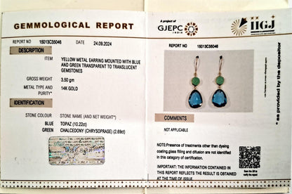 Pendientes de topacio azul cielo en oro de 14 quilates, pendientes de topacio azul cielo natural con crisoprasa, pendientes de oro amarillo macizo de 14 quilates, piedra natal de diciembre