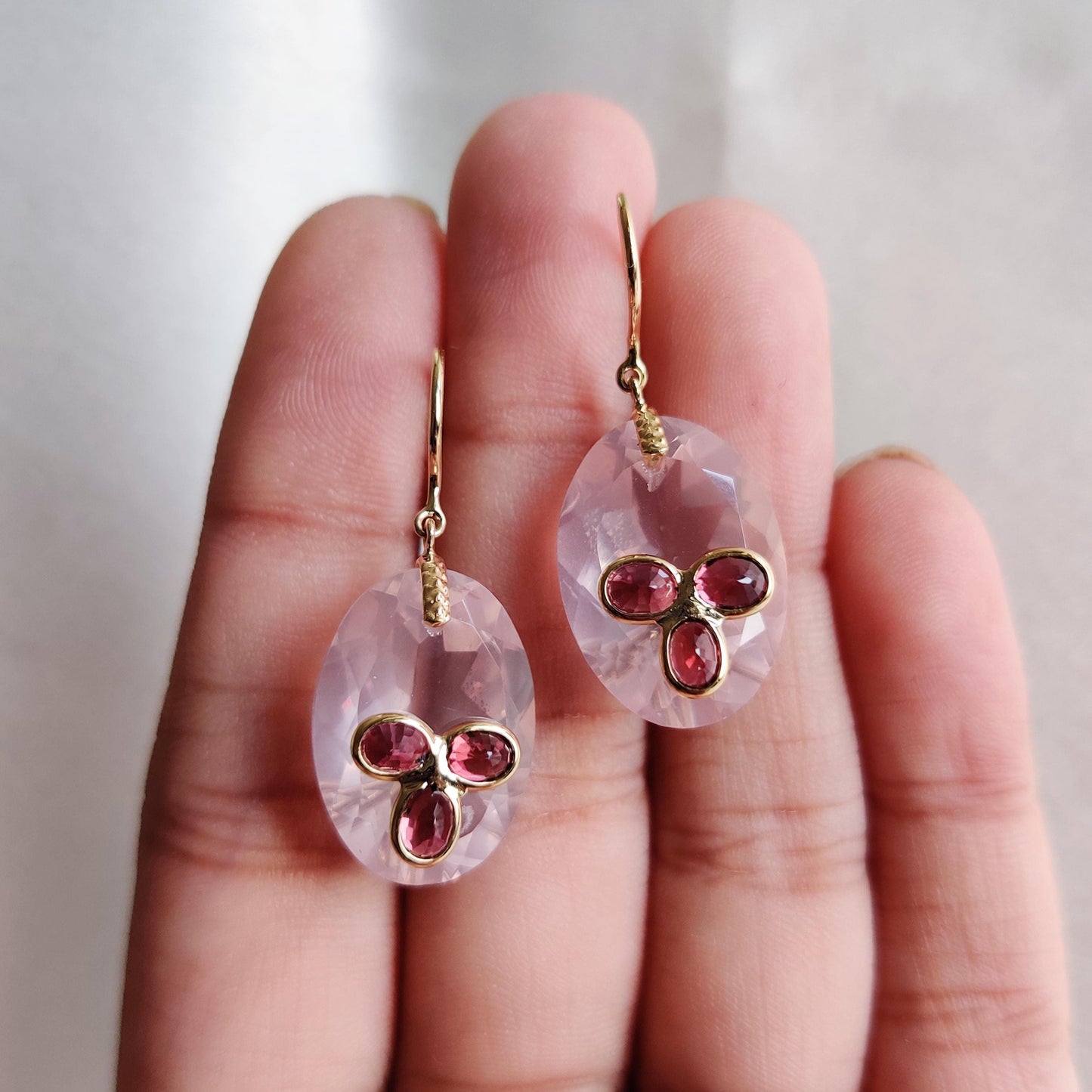 Natural Rose Quartz & Pink Sapphire Earrings, 14K Solid Yellow Gold Earrings, January September Birthstone, Christmas Present