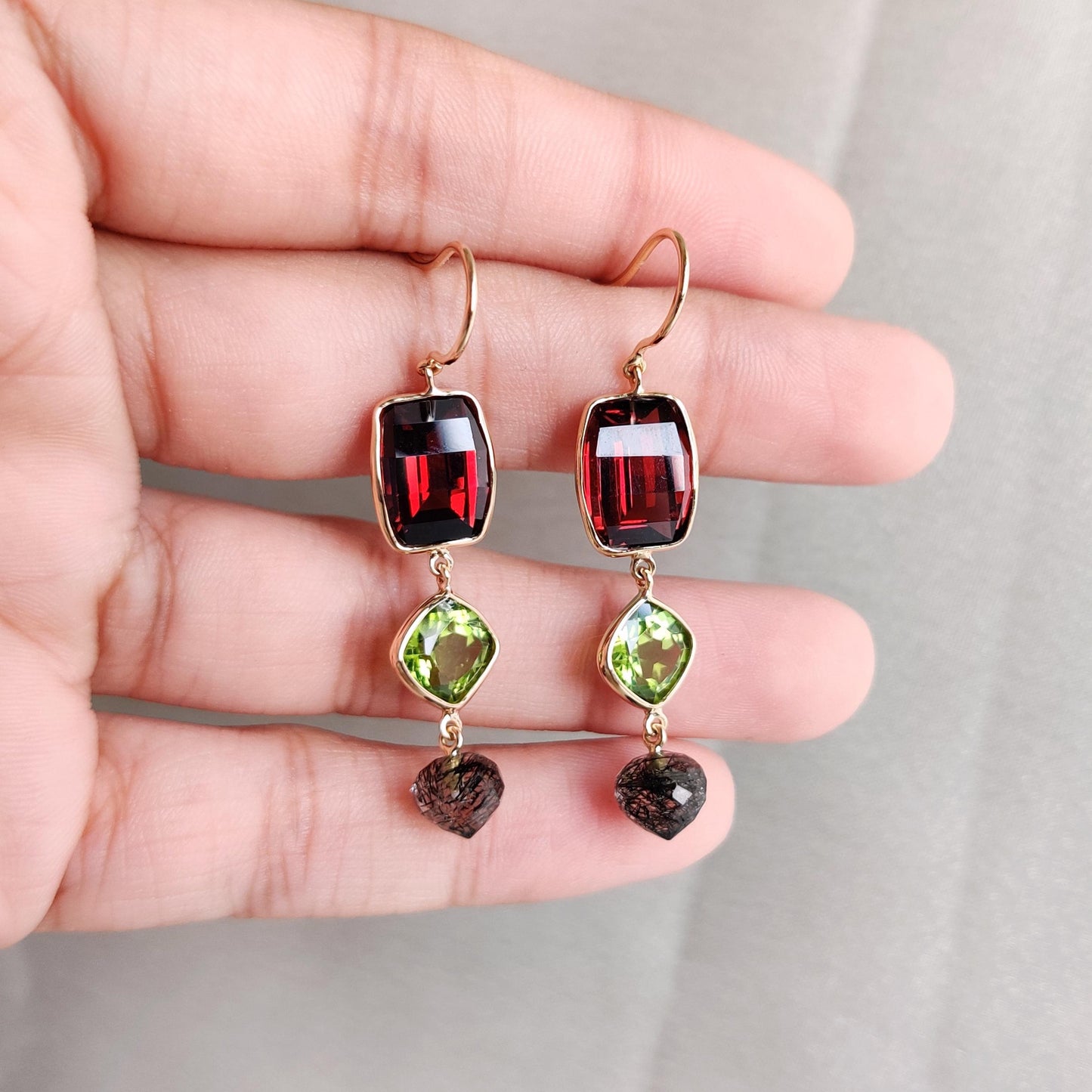 Natural Garnet, Peridot & Rutile Earrings, 14K Solid Yellow Gold Earrings, January Birthstone Earrings, Christmas Present