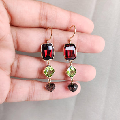 Natural Garnet, Peridot & Rutile Earrings, 14K Solid Yellow Gold Earrings, January Birthstone Earrings, Christmas Present