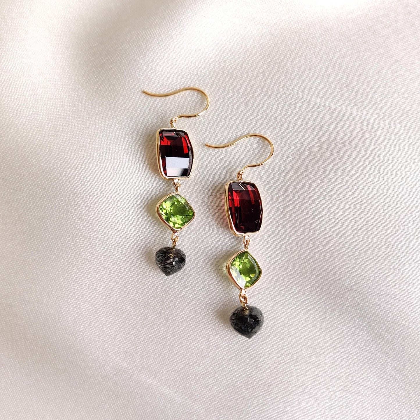 Natural Garnet, Peridot & Rutile Earrings, 14K Solid Yellow Gold Earrings, January Birthstone Earrings, Christmas Present