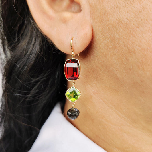 Natural Garnet, Peridot & Rutile Earrings, 14K Solid Yellow Gold Earrings, January Birthstone Earrings, Christmas Present