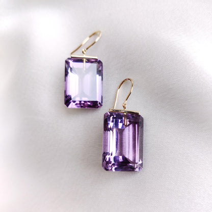 Pendientes de amatista violeta natural, pendientes de oro amarillo macizo de 14 quilates, pendientes con piedra natal de febrero, pendientes con forma de octágono, regalo de Navidad