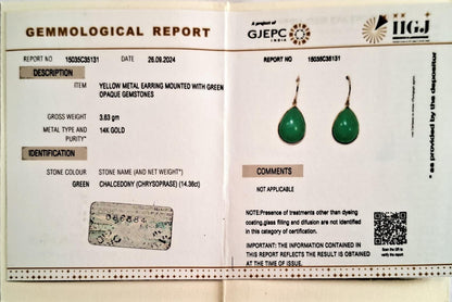 Pendientes de oro de 14 quilates con crisoprasa, pendientes con bisel de crisoprasa natural, pendientes de oro amarillo macizo de 14 quilates, piedra natal de junio, pendientes navideños