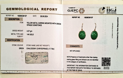 Pendientes de oro de 14 quilates con crisoprasa, pendientes con bisel de crisoprasa natural, pendientes de oro amarillo macizo de 14 quilates, piedra natal de junio, pendientes colgantes