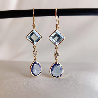 Natural Aquamarine, Diamond & Tanzanite Earrings, 14K Solid Yellow Gold Earrings, March December Birthstone Earrings, Christmas Present