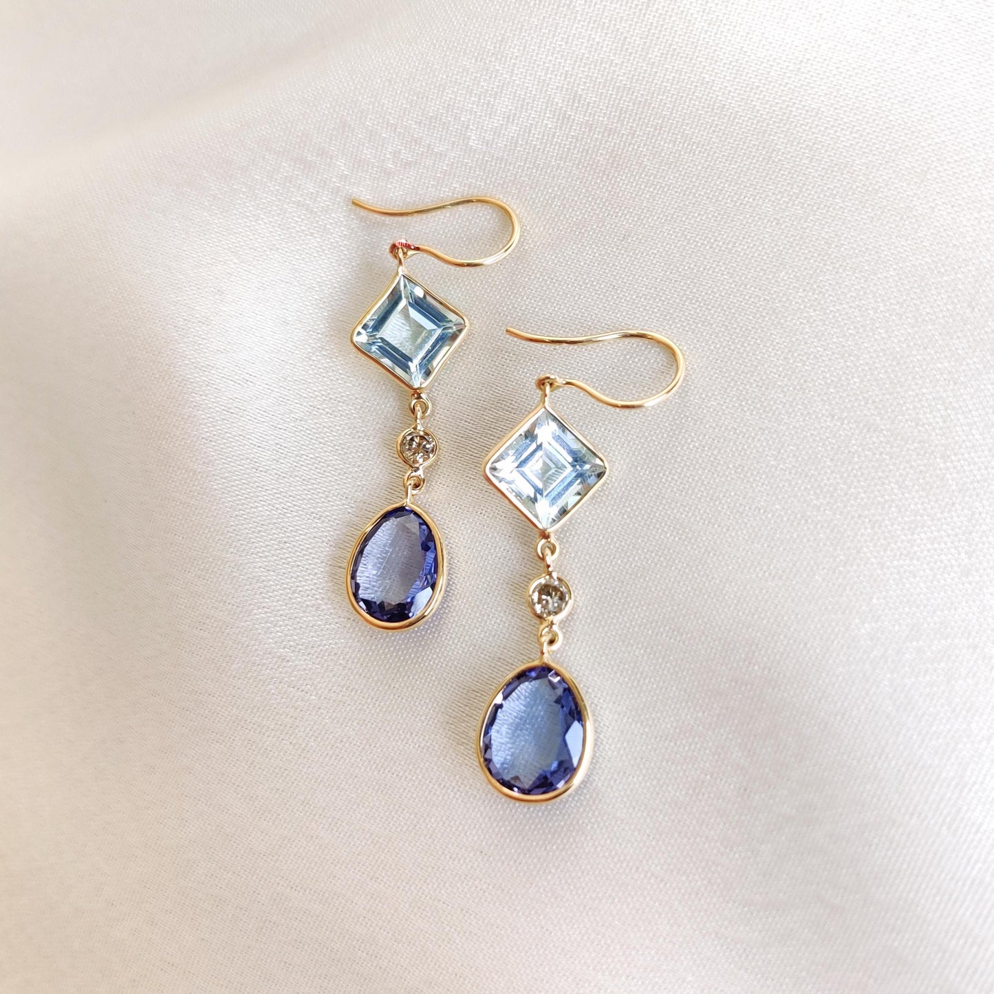 Natural Aquamarine, Diamond & Tanzanite Earrings, 14K Solid Yellow Gold Earrings, March December Birthstone Earrings, Christmas Present