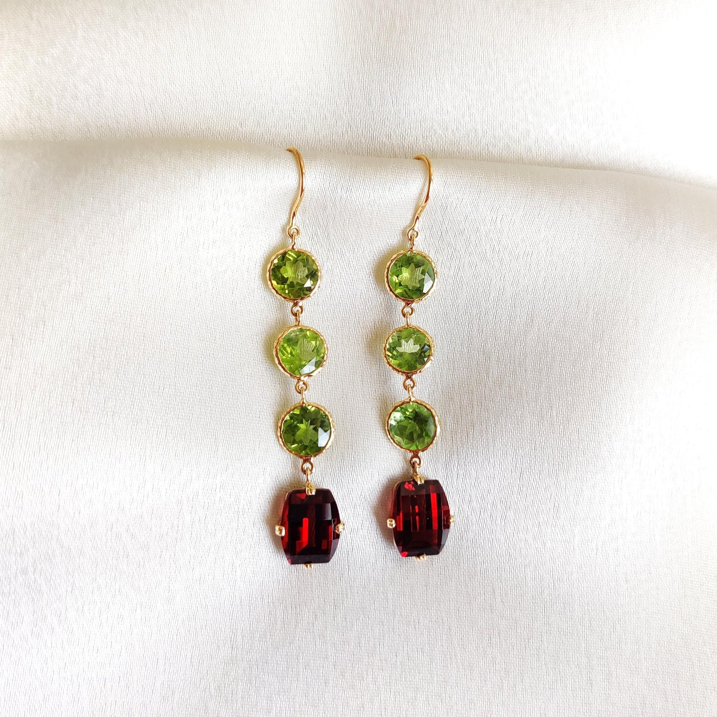 Natural Peridot & Garnet Earrings, 14K Solid Yellow Gold Earrings, January Birthstone Earrings, Peridot Jewelry, Christmas Present