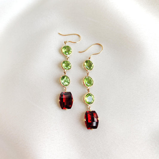 Natural Peridot & Garnet Earrings, 14K Solid Yellow Gold Earrings, January Birthstone Earrings, Peridot Jewelry, Christmas Present