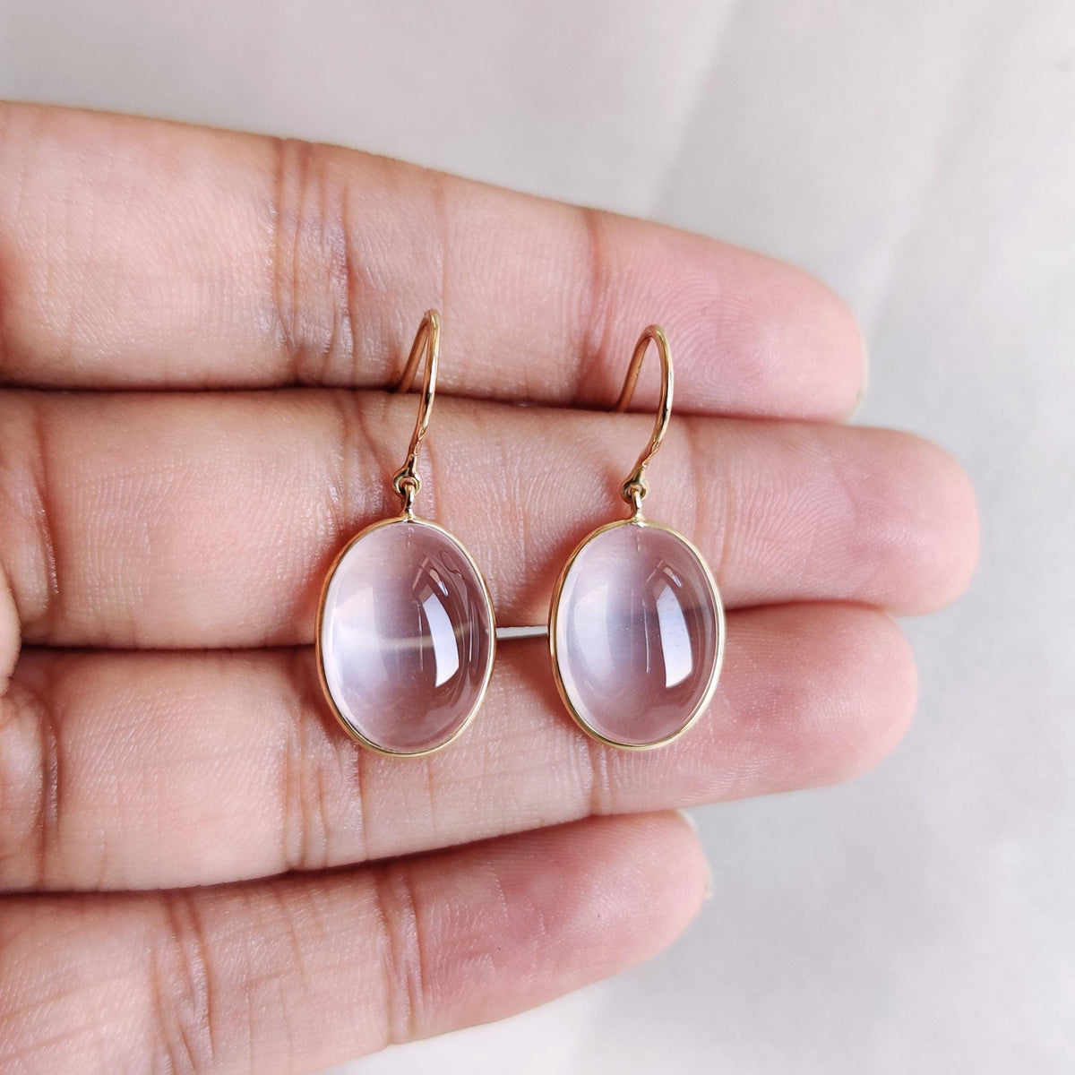 Natural Rose Quartz 14K Solid Yellow Gold Earrings, January Birthstone Earrings, Bezel