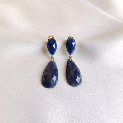 Natural Blue Sapphire Earrings, 14K Solid Yellow Gold Sapphire Earrings,  September Birthstone Earrings, Sapphire Danglers, Christmas Gift