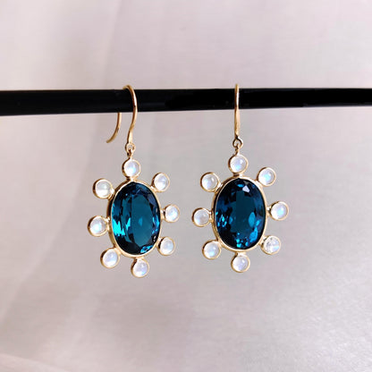 Natural London Blue Topaz & Rainbow Moonstone Earrings, 14K Solid Yellow Gold Earrings, December June Birthstone Earrings, Christmas Present