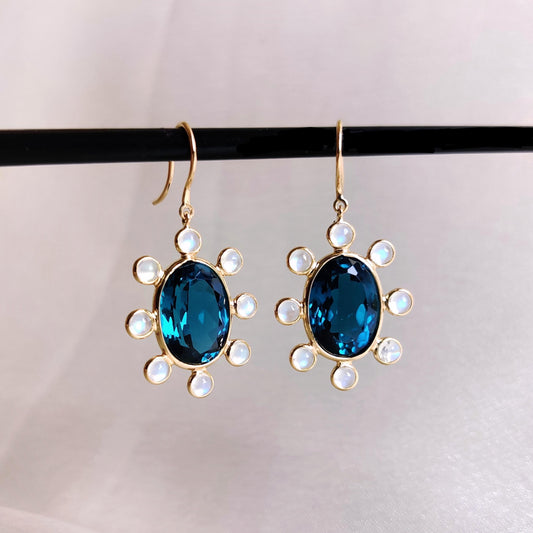 Natural London Blue Topaz & Rainbow Moonstone Earrings, 14K Solid Yellow Gold Earrings, December June Birthstone Earrings, Christmas Present