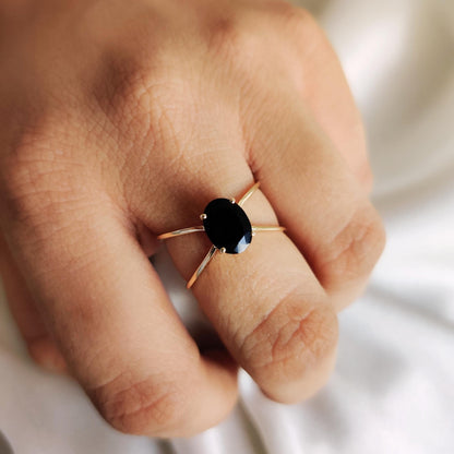 Natural Black Onyx Ring, 14K Solid Yellow Gold Black Onyx Ring, December Birthstone Ring, Black Onyx Jewelry, Dainty Onyx Gold Ring