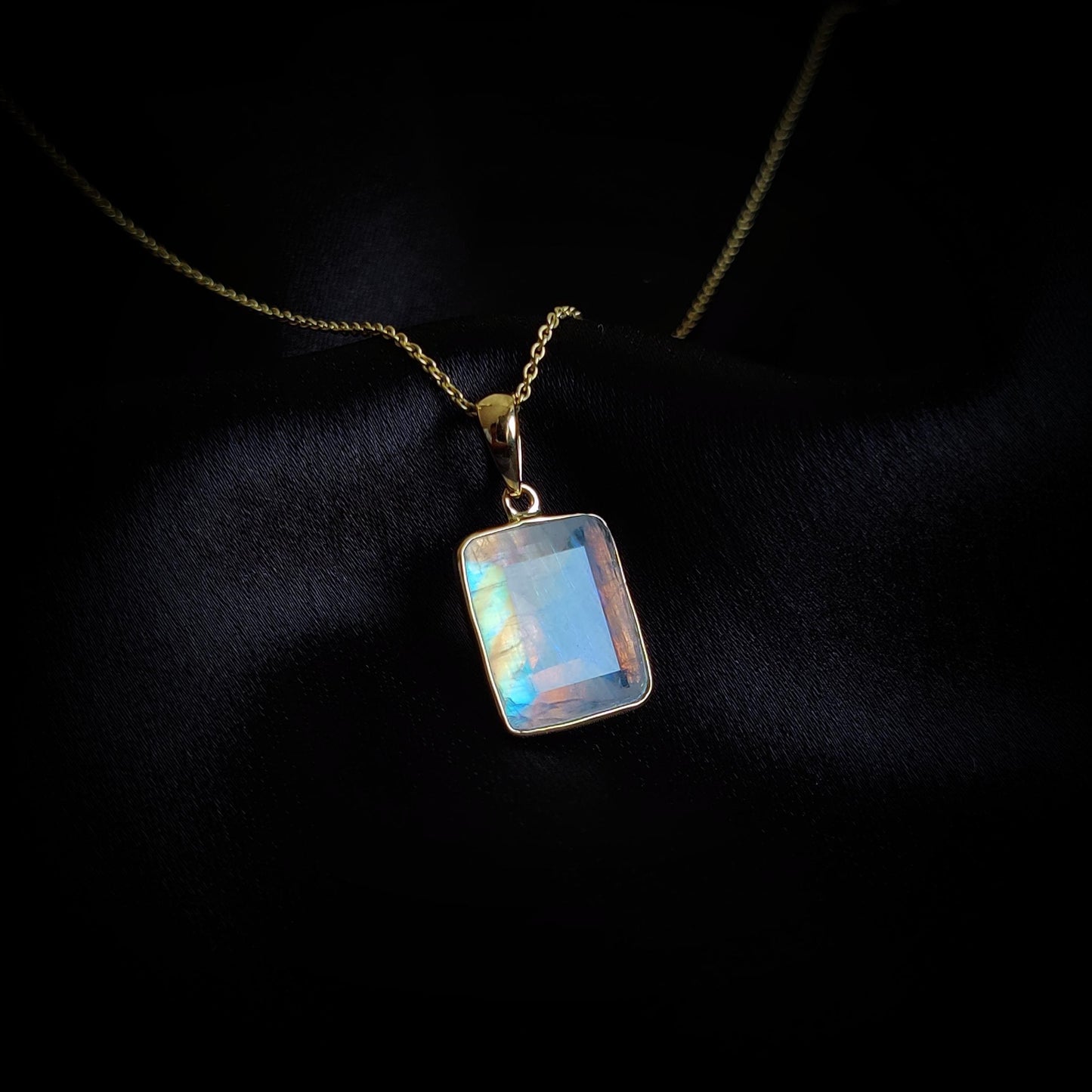 Natural Rainbow Moonstone Pendant, 14K Solid Yellow Gold Pendant, June Birthstone, Moonstone Jewelry, Bezel Pendant, Christmas Present