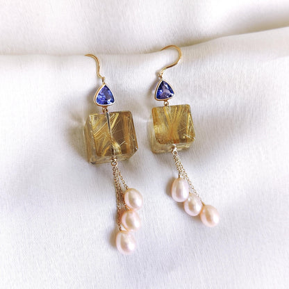 Natural Golden Rutile, Pearl & Tanzanite Earrings, 14K Solid Yellow Gold Earrings, April December Birthstone Earrings, Christmas Present