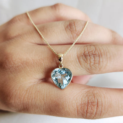 Natural Aquamarine Heart Pendant, 14K Solid Yellow Gold Aquamarine Pendant, Heart Shape Pendant, March Birthstone Pendant, Christmas Present