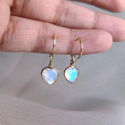 Natural Rainbow Moonstone Heart Earrings, 14K Solid Yellow Gold Moonstone Earrings, June Birthstone Earrings, Gemstone Heart Shape Drops