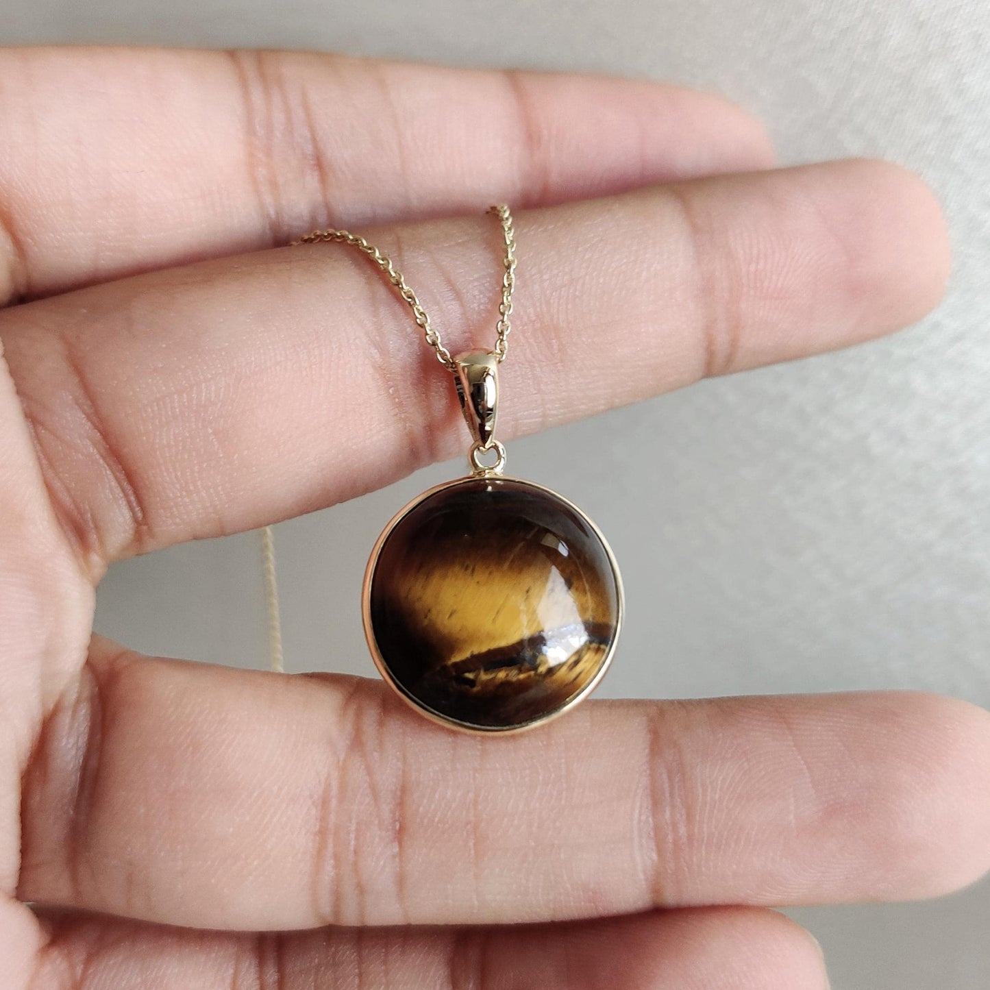 Natural Tiger Eye Pendant, 14K Solid Gold Tiger Eye Pendant, Solid Gold Bezel Pendant, June Birthstone, Christmas Gift, Tiger Eye Jewelry