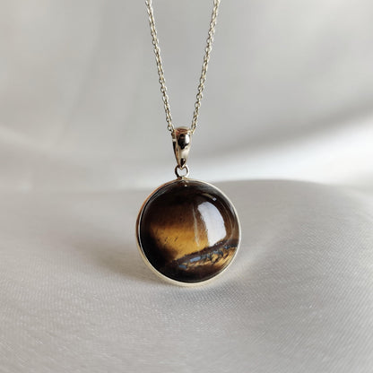 Natural Tiger Eye Pendant, 14K Solid Gold Tiger Eye Pendant, Solid Gold Bezel Pendant, June Birthstone, Christmas Gift, Tiger Eye Jewelry