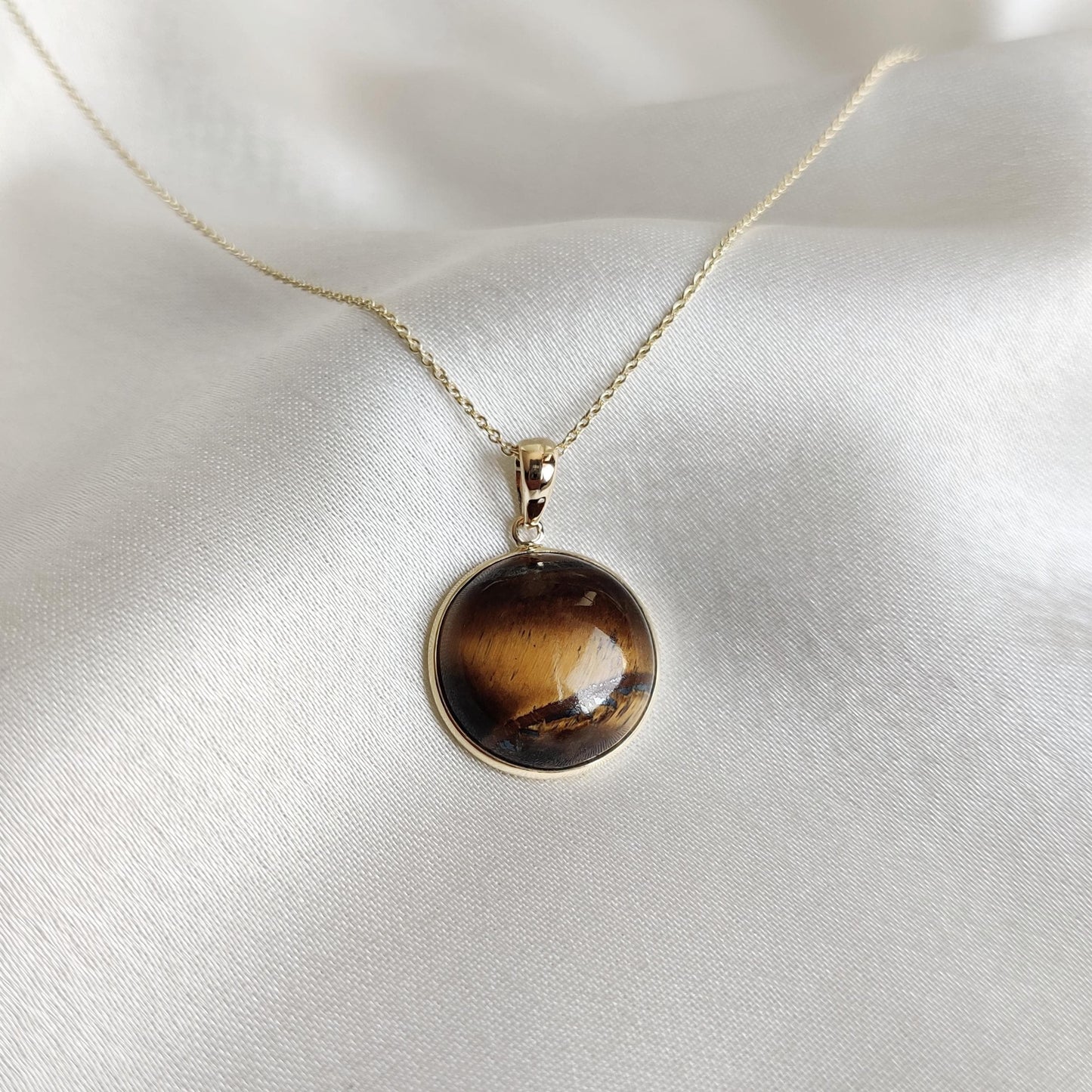 Natural Tiger Eye Pendant, 14K Solid Gold Tiger Eye Pendant, Solid Gold Bezel Pendant, June Birthstone, Christmas Gift, Tiger Eye Jewelry