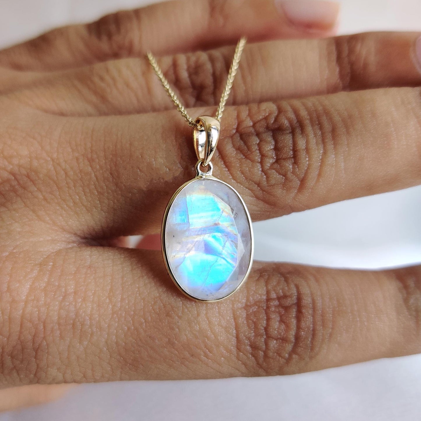 Natural Rainbow Moonstone Necklace, 14K Solid Gold Moonstone Pendant, Yellow Gold Necklace Pendant, Blue Moonstone Jewelry, June Birthstone