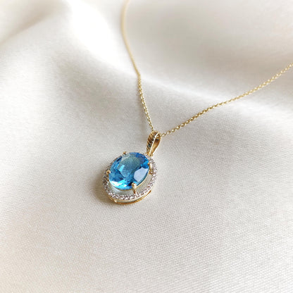 Natural Swiss Blue Topaz & Diamond Pendant, 14K Solid White Gold Pendant, December April Birthstone Pendant, Topaz Jewelry, Christmas Gift