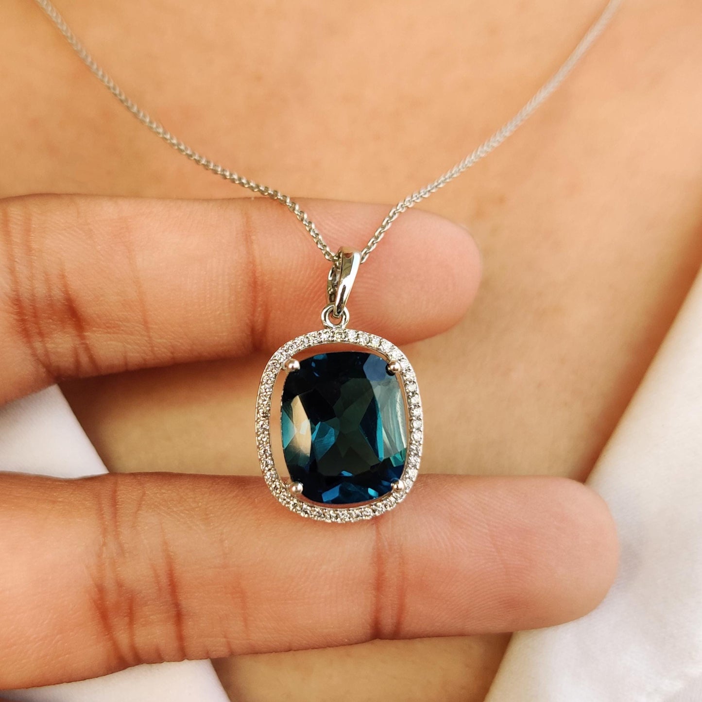 Natural London Blue Topaz & Diamond Pendant, 14K Solid White Gold Pendant, December April Birthstone Pendant, Topaz Jewelry, Christmas Gift