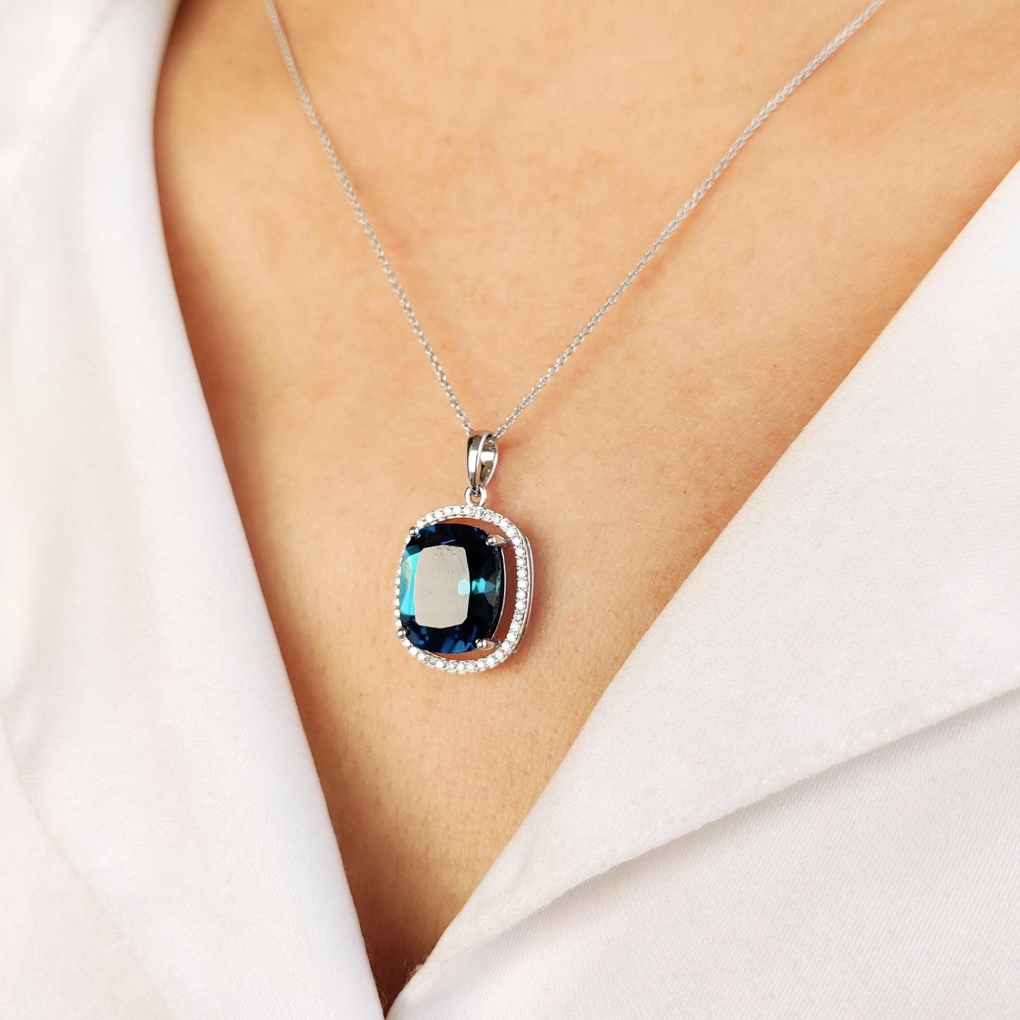 Natural London Blue Topaz & Diamond Pendant, 14K Solid White Gold Pendant, December April Birthstone Pendant, Topaz Jewelry, Christmas Gift