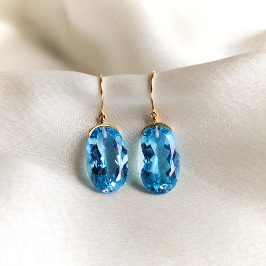 Natural Swiss Blue Topaz Earrings, 18K Solid Yellow Gold Topaz Earrings, December Birthstone Earrings, Blue Topaz Jewelry, Christmas Present