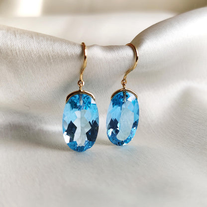 Natural Swiss Blue Topaz Earrings, 18K Solid Yellow Gold Topaz Earrings, December Birthstone Earrings, Blue Topaz Jewelry, Christmas Present