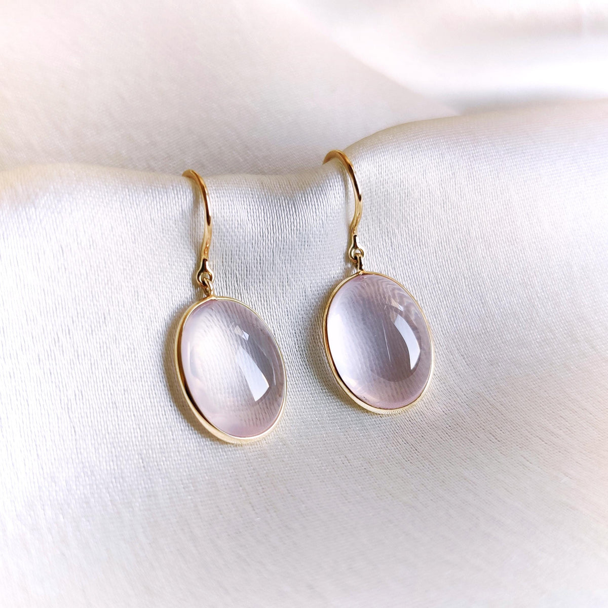 Natural Rose Quartz 14K Solid Yellow Gold Earrings, January Birthstone Earrings, Bezel