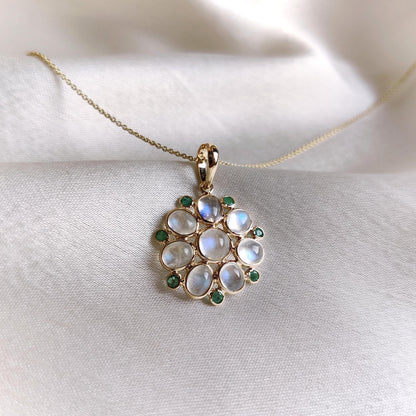 Natural Rainbow Moonstone & Emerald Pendant, 14K Solid Yellow Gold Pendant, June May Birthstone Pendant, Moonstone Jewelry, Christmas Gift