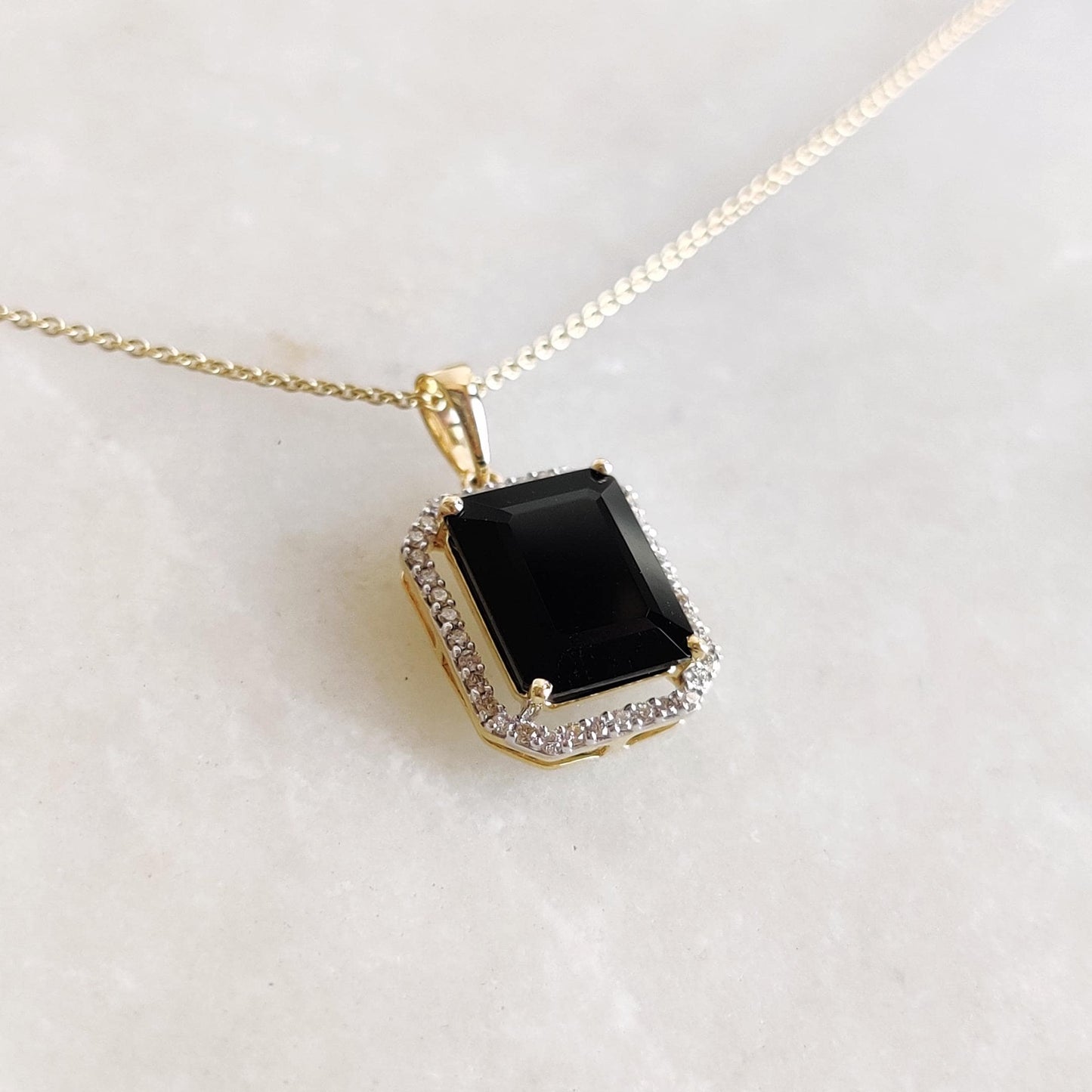 Natural Black Onyx & Diamond Pendant, 14K Solid Yellow Gold Pendant, December April Birthstone Pendant, Black Onyx Jewelry, Christmas Gift