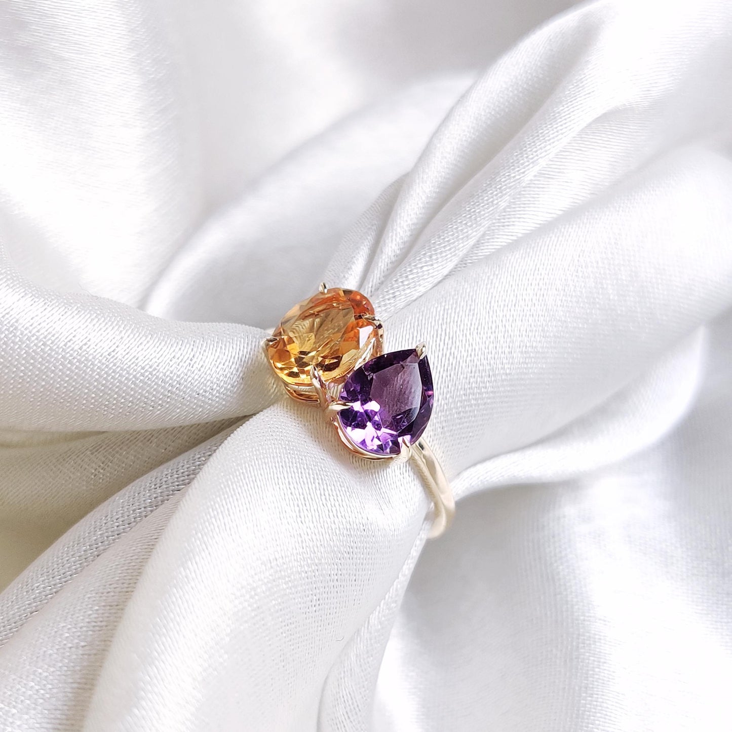 Natural Purple Amethyst & Citrine Ring, 14K Solid Yellow Gold Ring, February and November Birthstone Ring, Multi Stone Ring, Engagement Ring