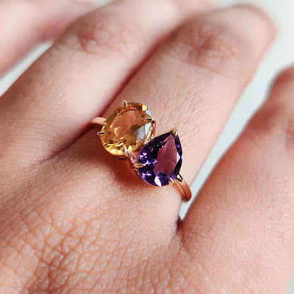 Natural Purple Amethyst & Citrine Ring, 14K Solid Yellow Gold Ring, February and November Birthstone Ring, Multi Stone Ring, Engagement Ring