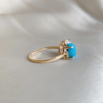 Natural Arizona Turquoise & Rainbow Moonstone Ring, 14K Solid Yellow Gold Turquoise and Moonstone Ring, December and June Birthstone Ring